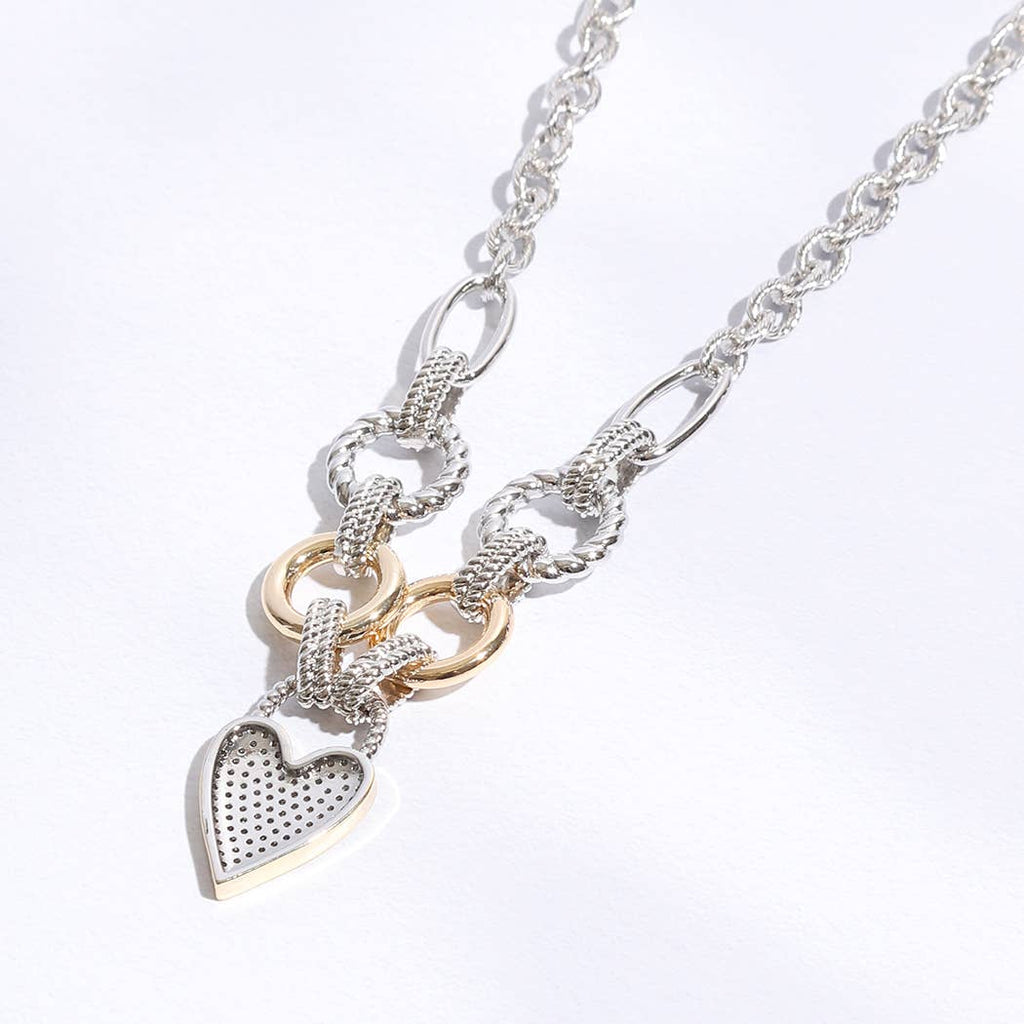 Pave Heart Charm Link Chain Necklace