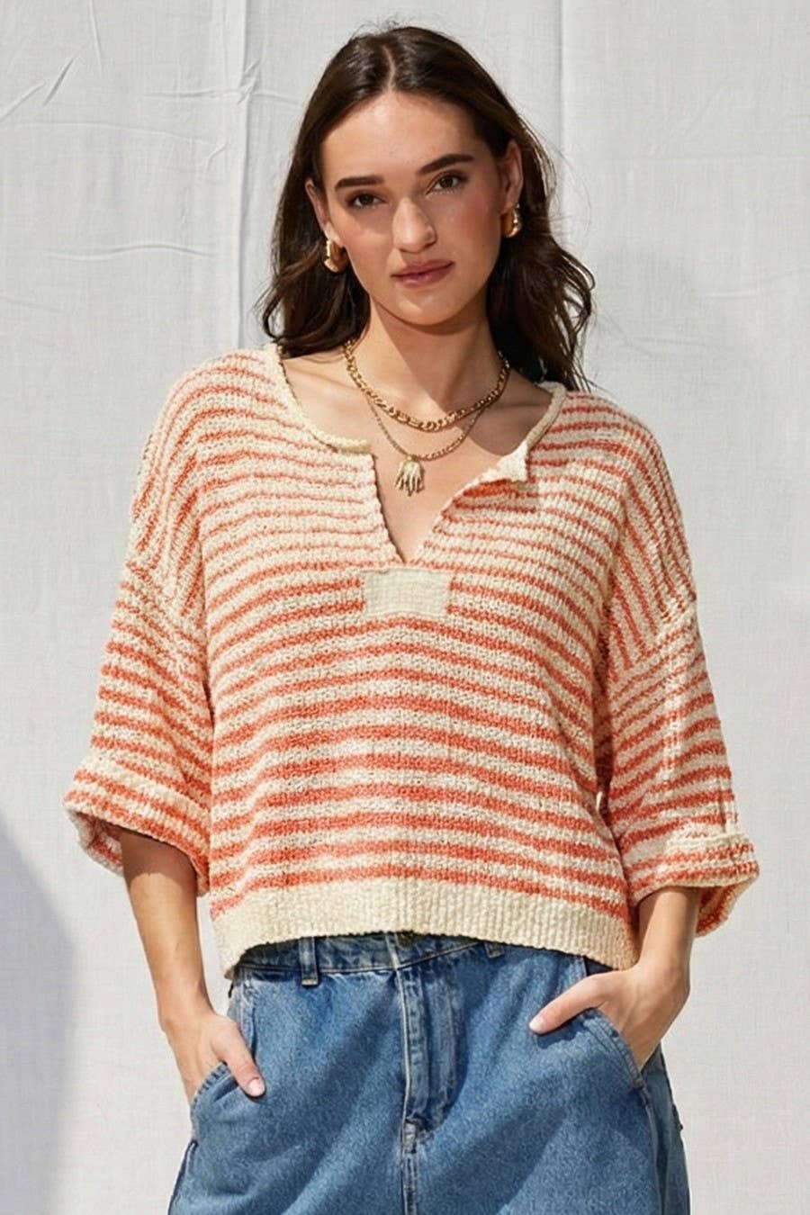 Lightweight Striped Slouchy Sweater w/ V-Neckline