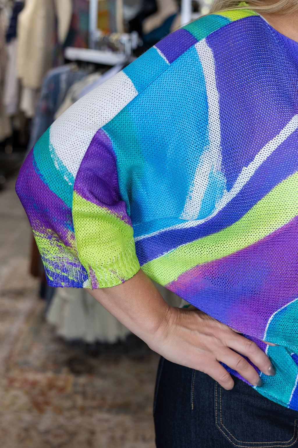 Blue Tie Dye Round Neck Knit Printed Sweater