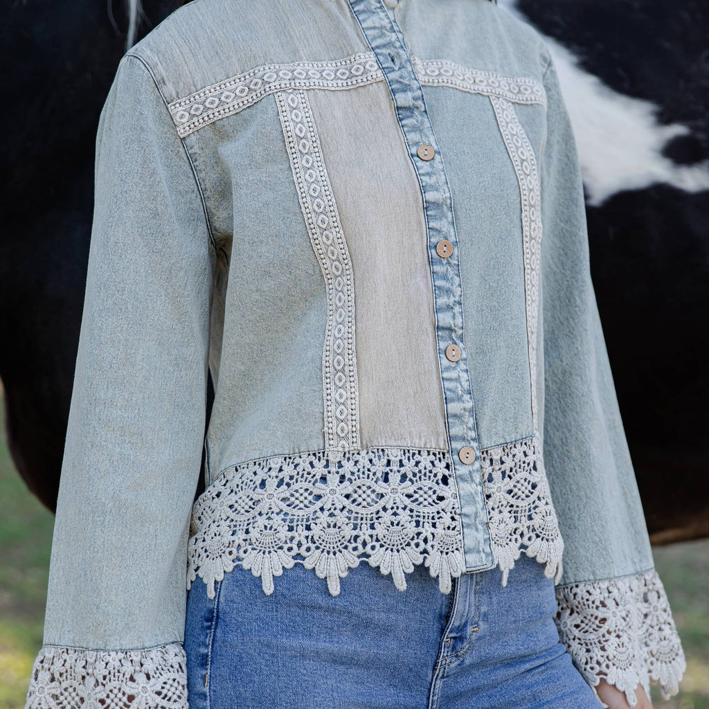 Boho Denim And Lace  Button-Down Top