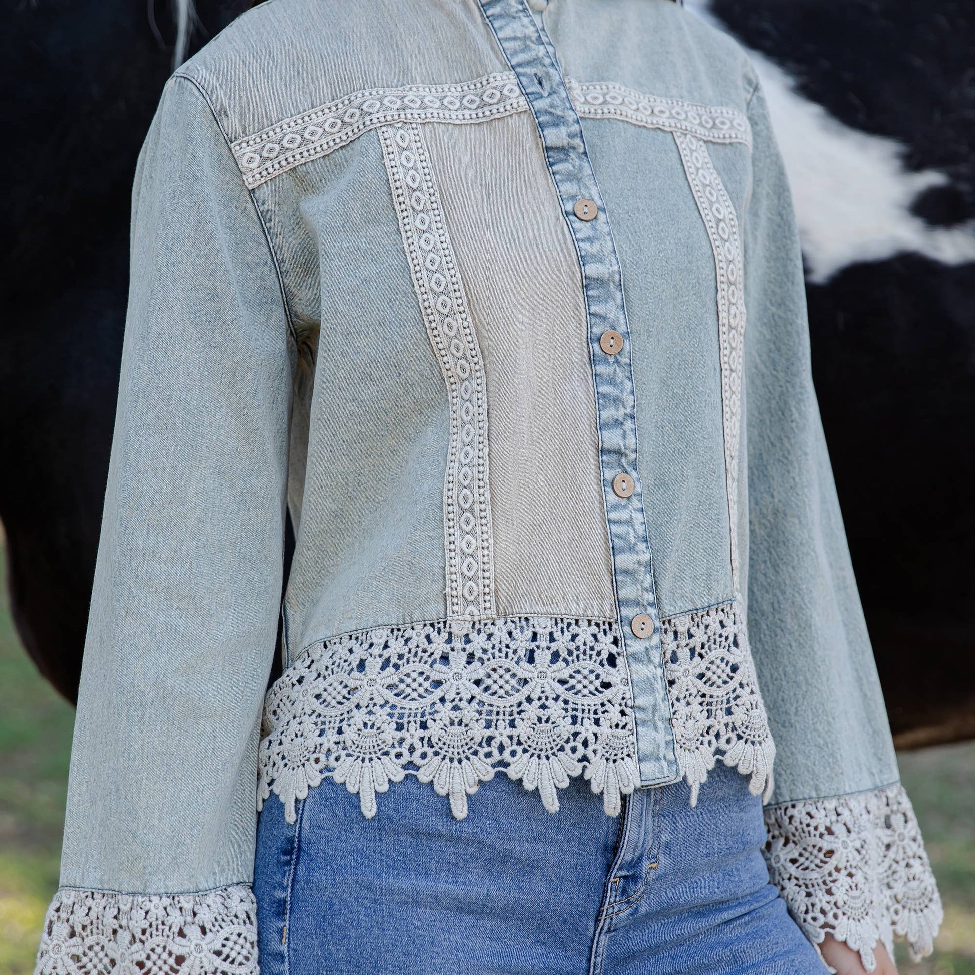 Boho Denim And Lace  Button-Down Top