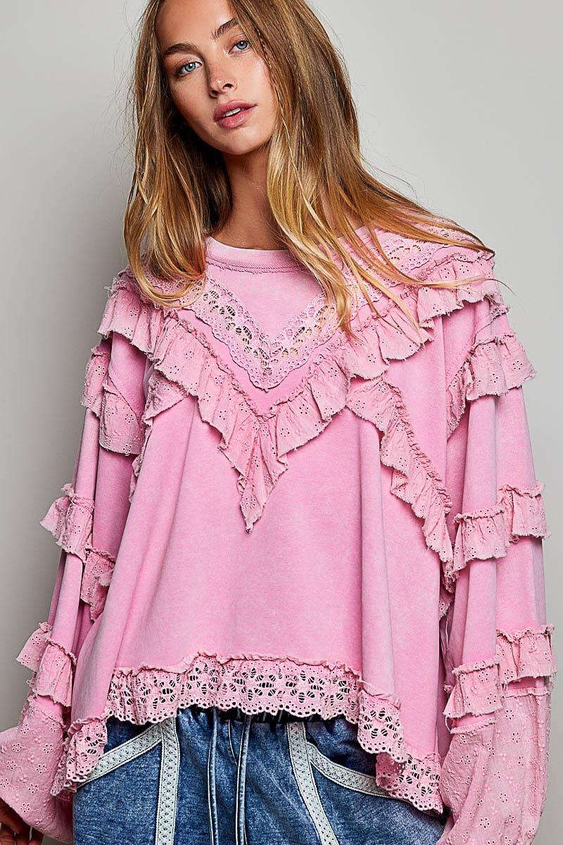 POL French Terry Eyelet Ruffle Vintage Washing Solid Knit Top
