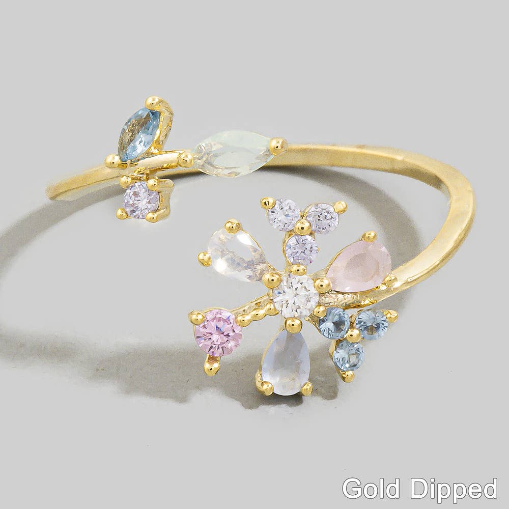 Gold Dipped Cz Multicolor Pastel Floral Ring