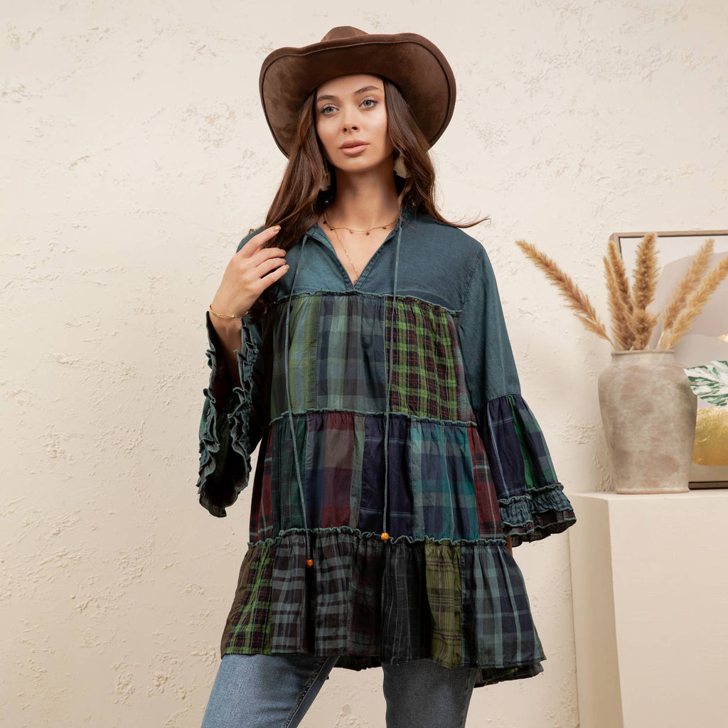 Boho Tiered Plaid Denim Patchwork Tunic -Bell Sleeve Top NEW