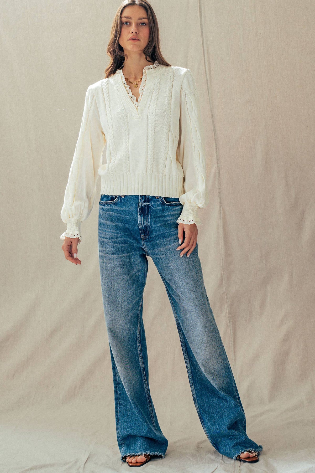 Elsie Lace Trim Cable Knit Sweater
