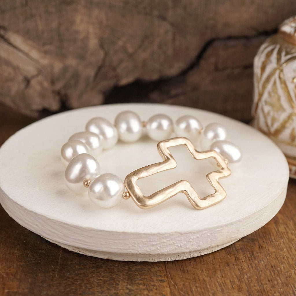 Statement Beaded Cross Bracelet – Chunky Pearl Cross Bracelet Gold Silver
