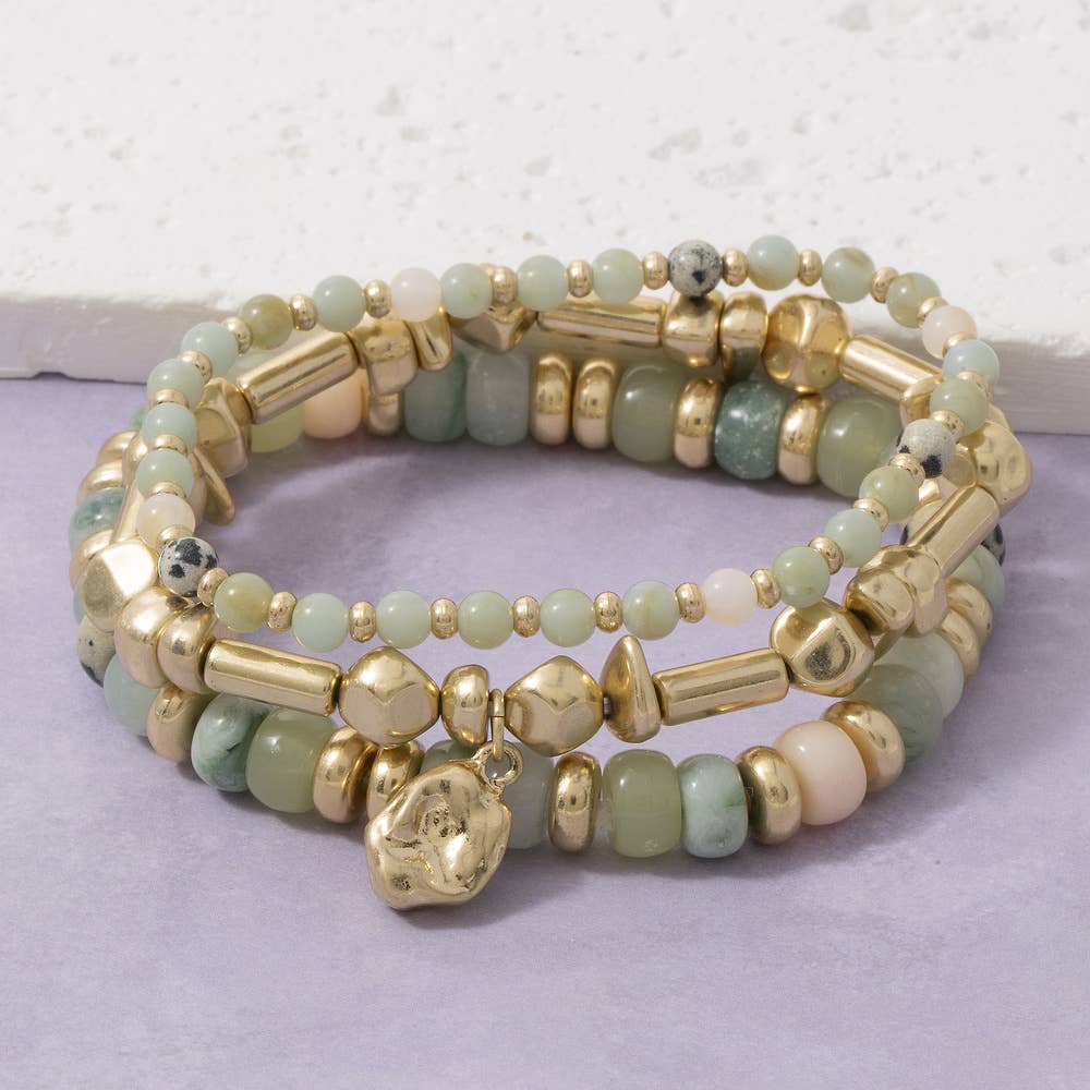Semi Precious Stone And Metal Layered Bracelet Stack