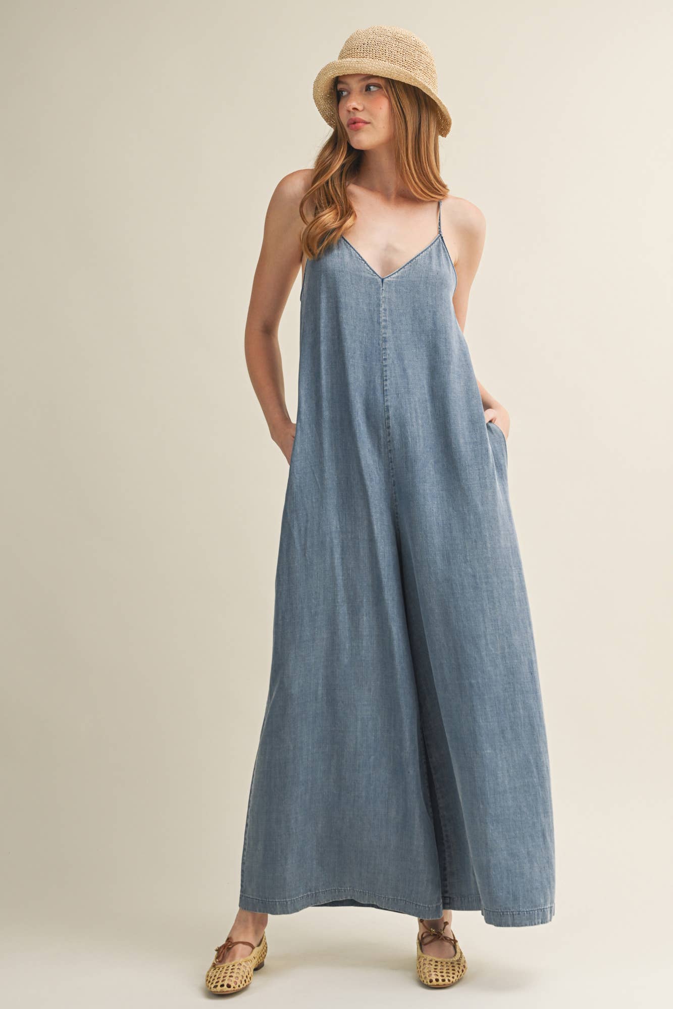 V-Neck Cami Washed Wide-Leg Jumpsuit