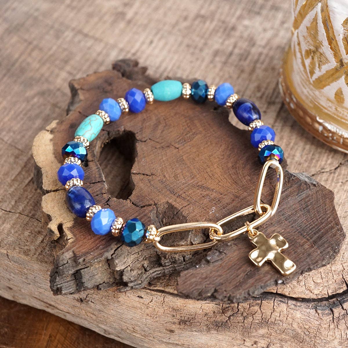 Beaded Cross Charm and Chain Bracelet - Azure Faith