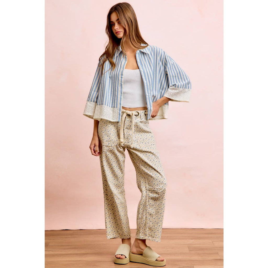 BRAIDED WAIST BELT PATCH POCKETS FLORAL PRINT PANT
