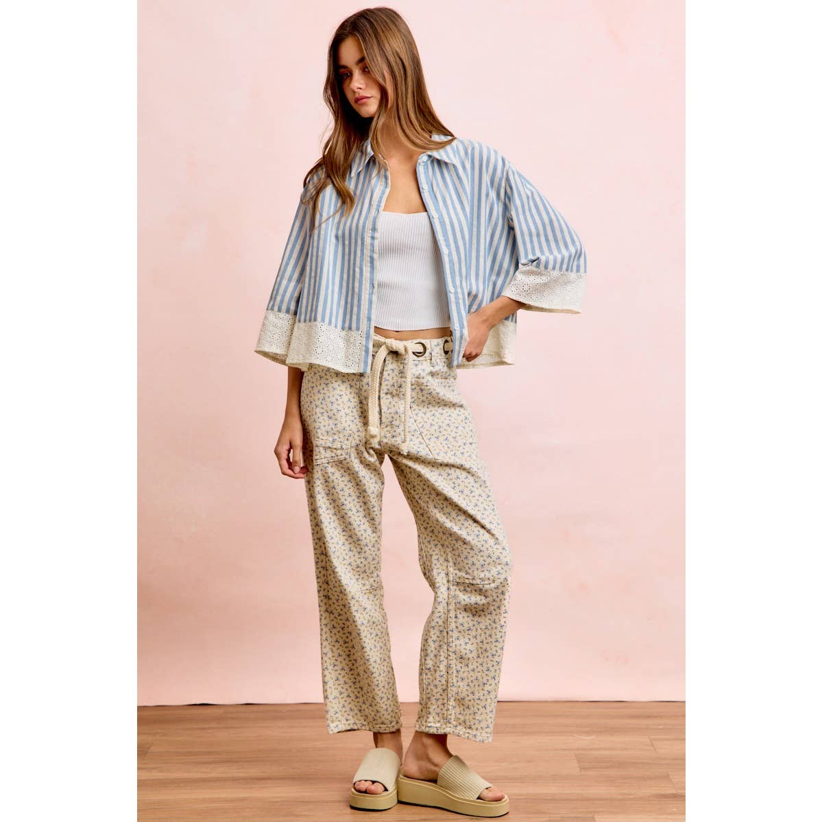 BRAIDED WAIST BELT PATCH POCKETS FLORAL PRINT PANT