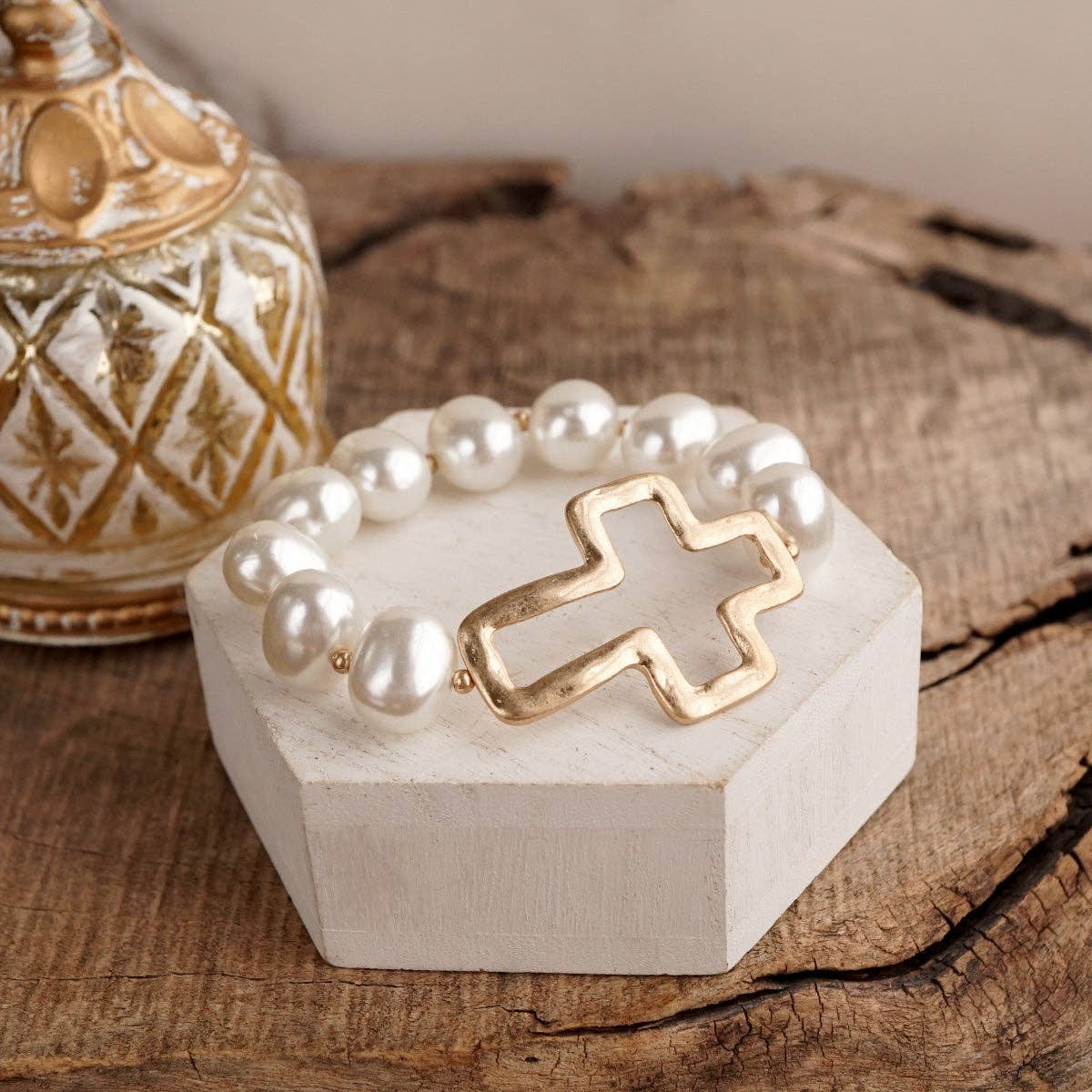 Statement Beaded Cross Bracelet – Chunky Pearl Cross Bracelet Gold Silver