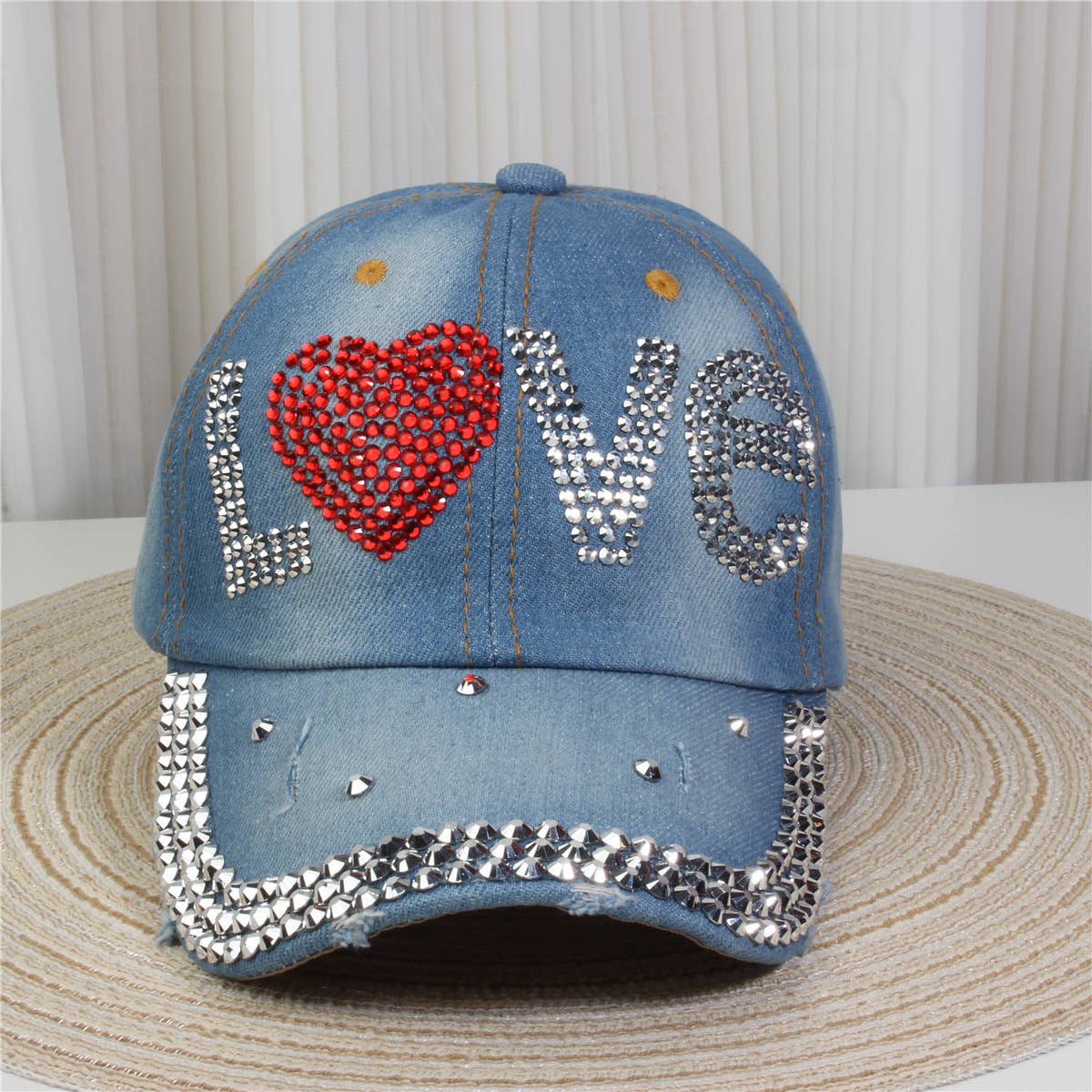 Denim Hat with Love Heart & Crystal Accents in Blue