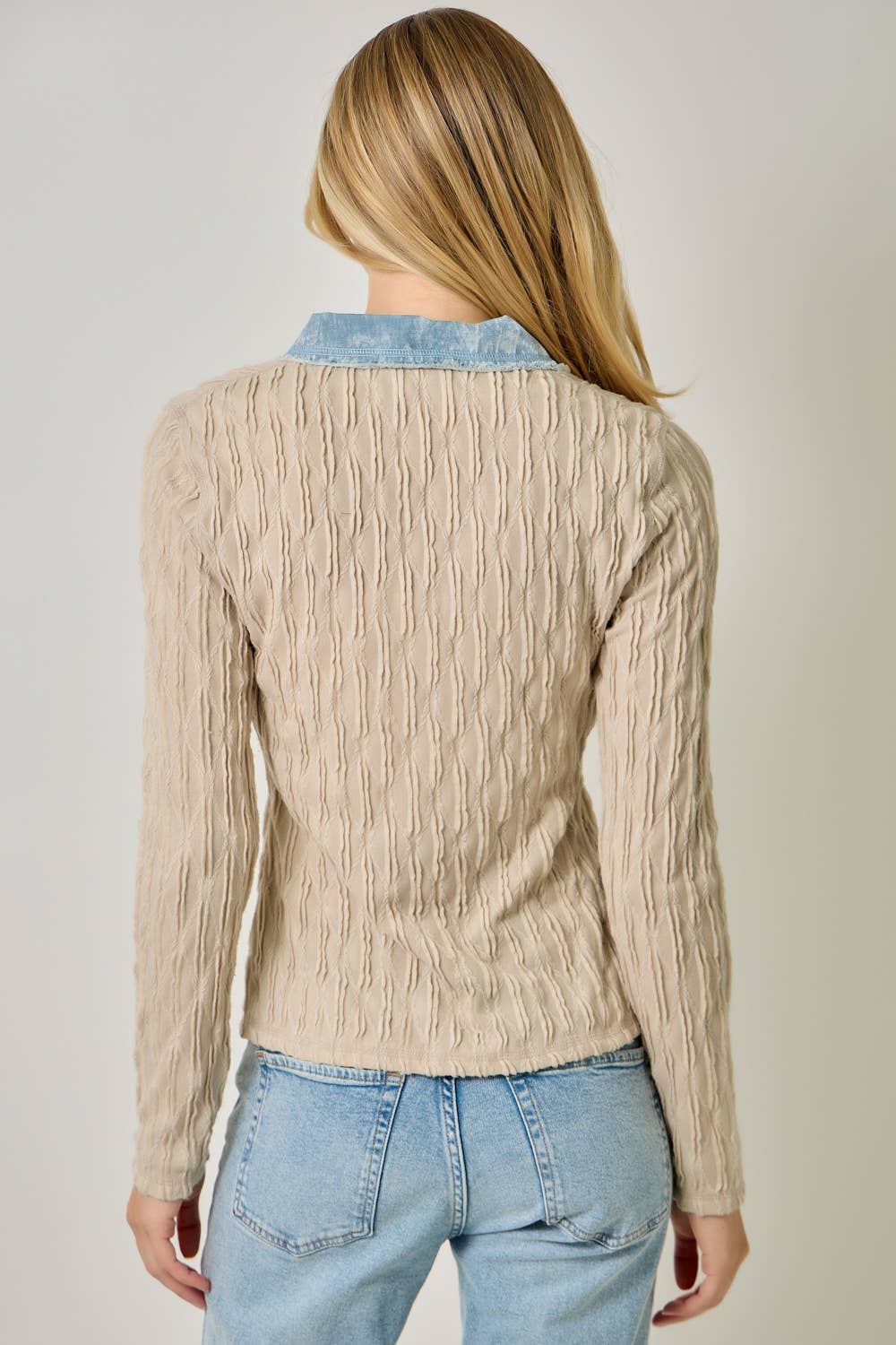 Denim Mix Textured Knit Henley Top