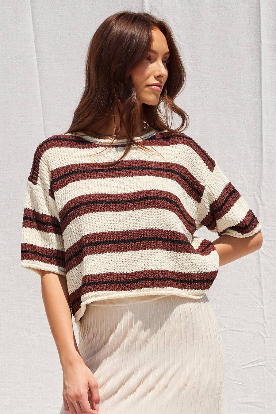 3/4 Sleeve Slouchy Striped Knit Top