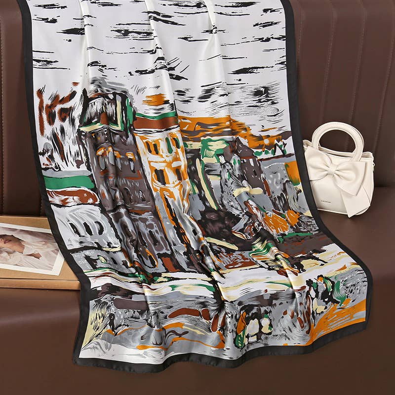 Abstract Cityscape Design Satin Scarf in Grey