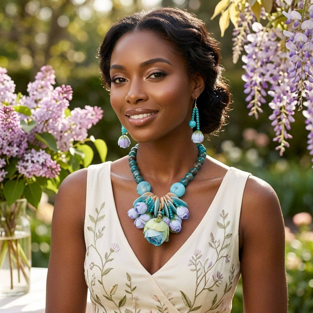 Turquoise Floral Garden Statement Bib Necklace