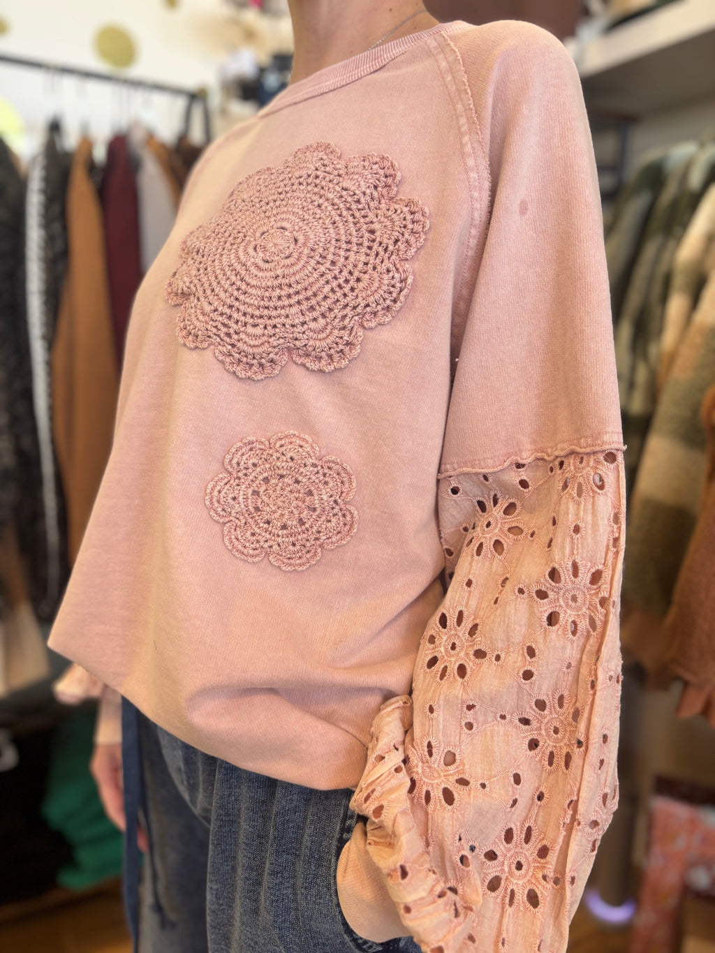 Easel Bestsellers Cotton Long Sleeve Meadow Stitch Top