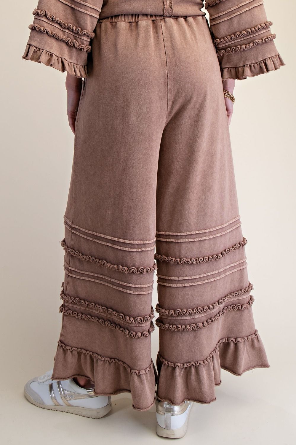 Easel Washed Terry Tiered Ruffle Wide Leg Pants