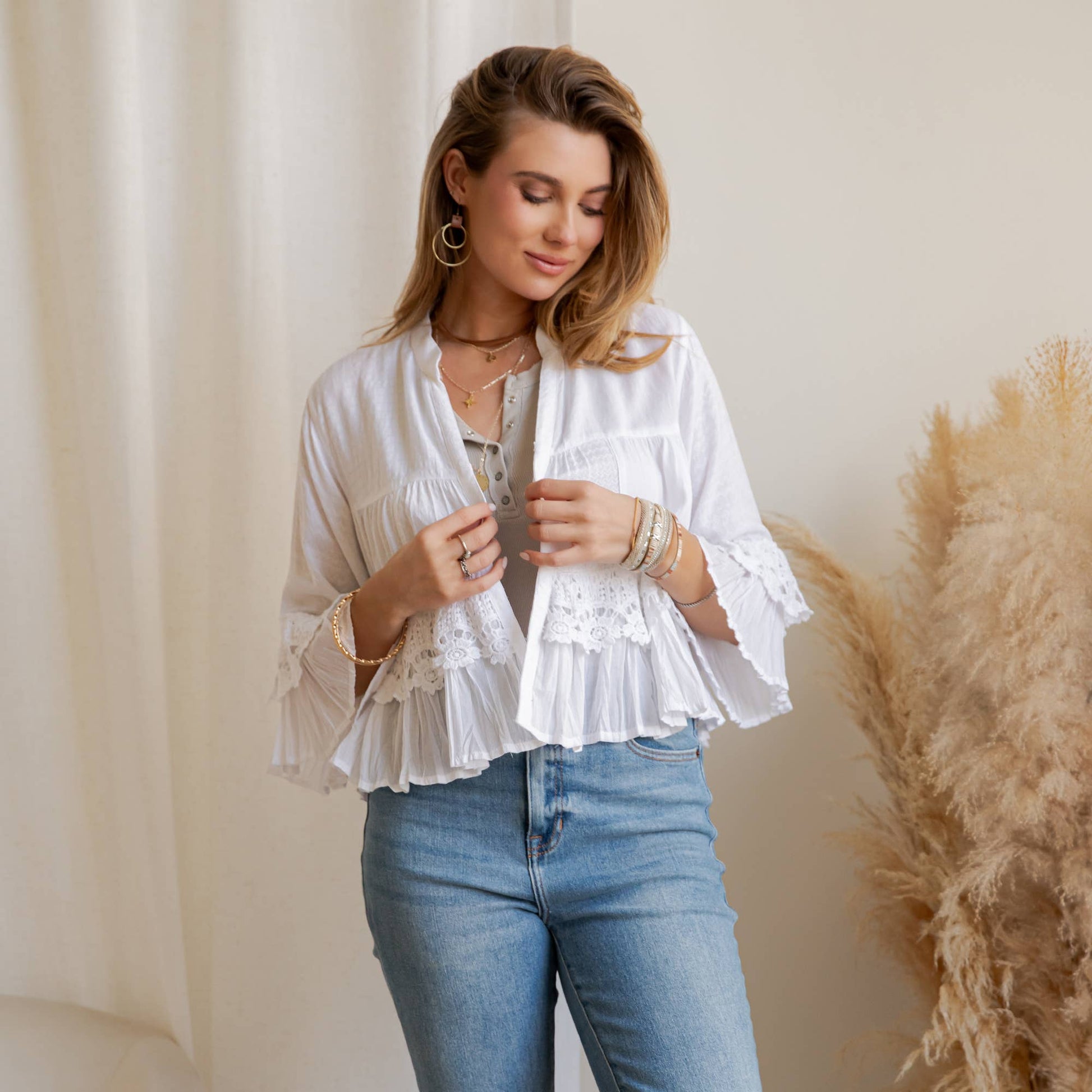 Boho Tiered Crochet Lace Open Front Shrug