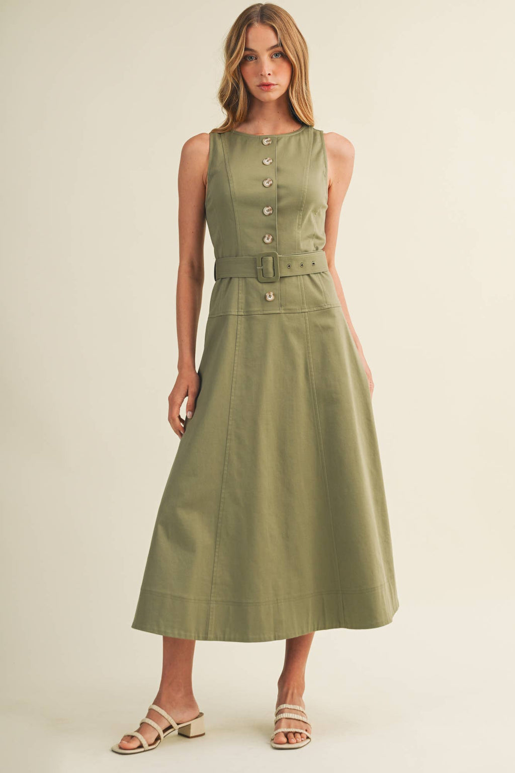 Buckle Belt Topstitch Maxi Dress
