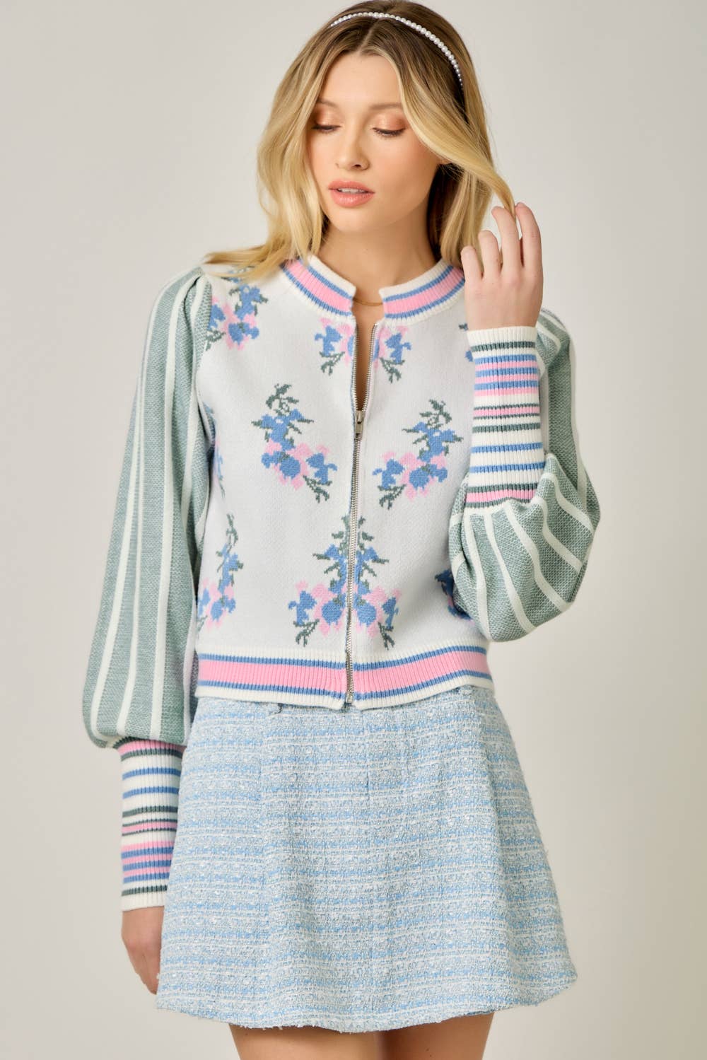 Sweater Floral Zip Bomber Jacket