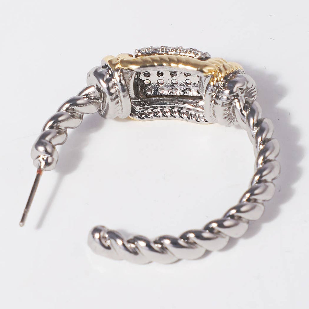 CZ Bar Twisted Hoop 14K Plated Post Earrings