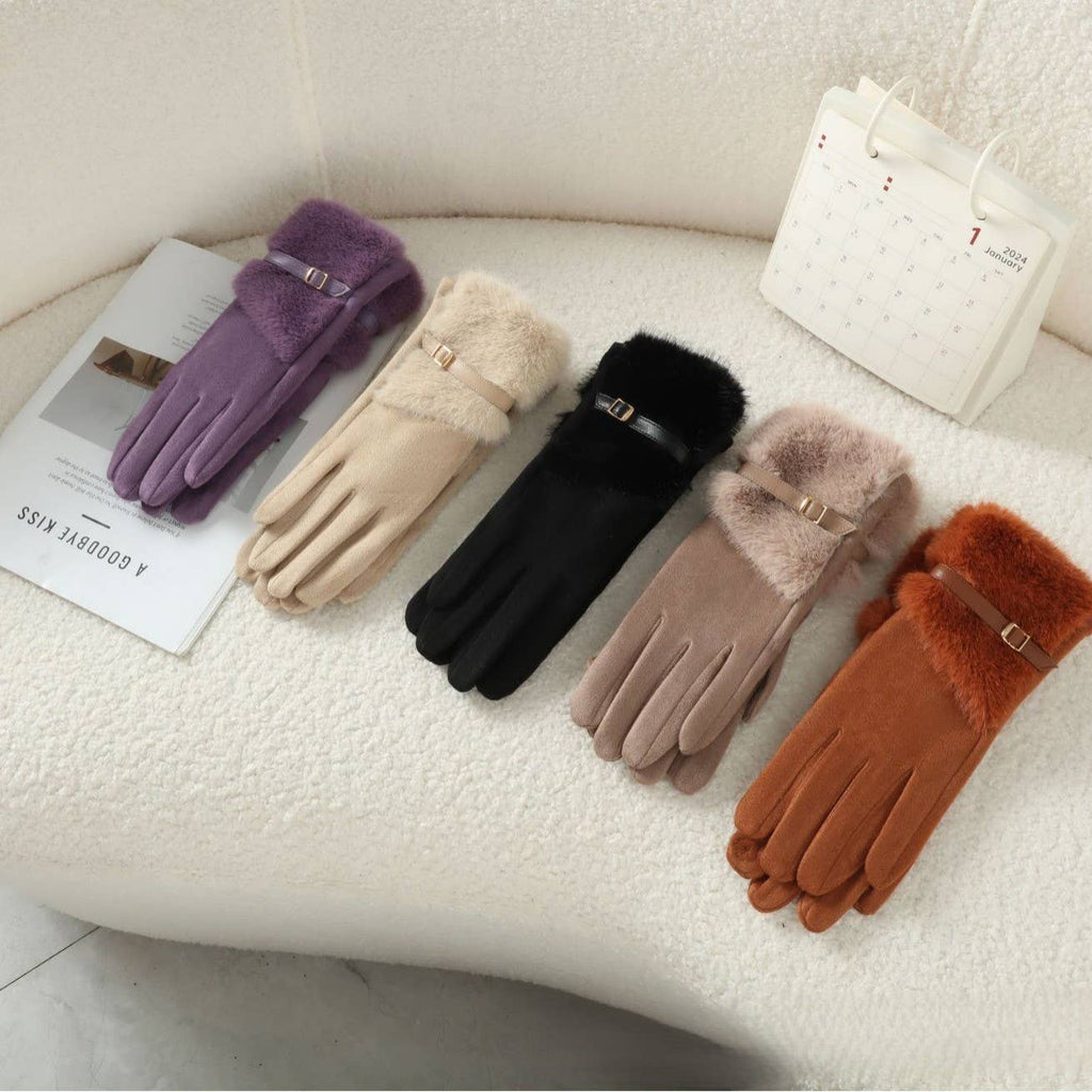Faux Suede Gloves with Fur and Belt Accent