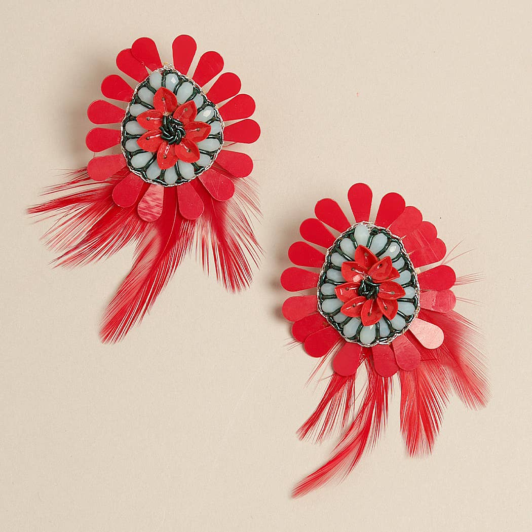 Boho Tribal Earrings with Feather Drop