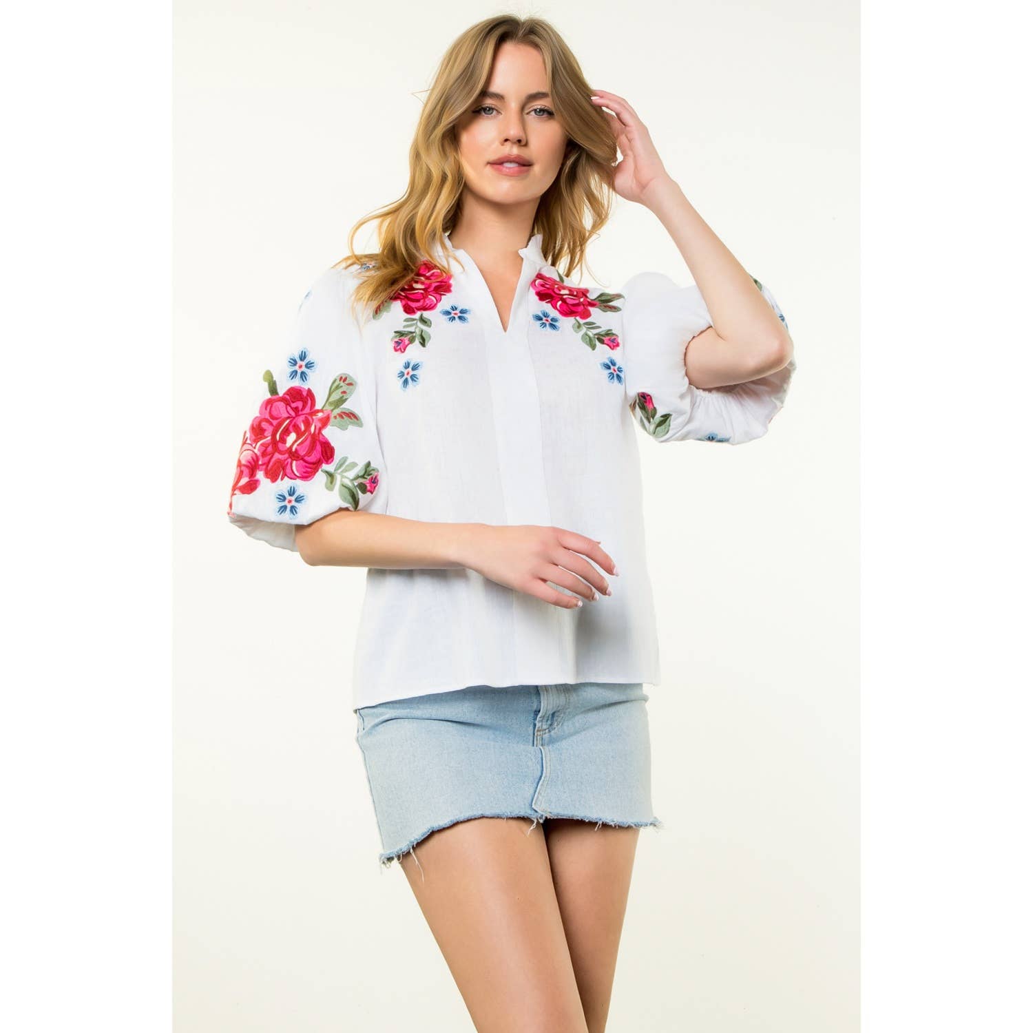 Flower Embroidered Puff Sleeve Top