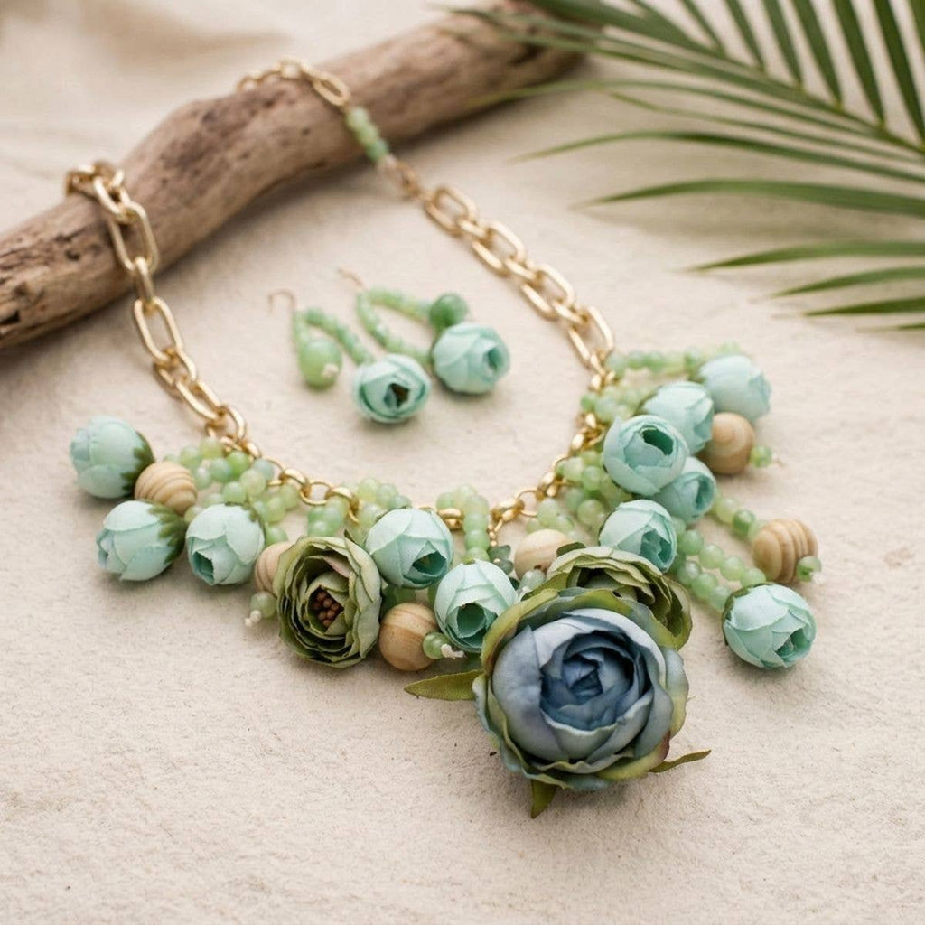 Green Floral Garden Fringe Statement Necklace