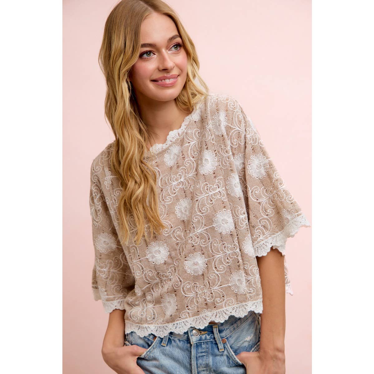 Flower Embroidery and Lace Boho Casual Short Sleeve Top