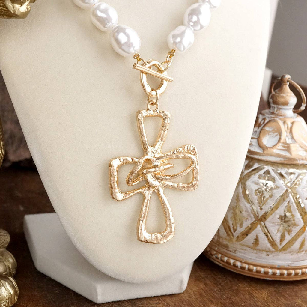 Pearl Cross Necklace – Gold tone - Wrapped Grace