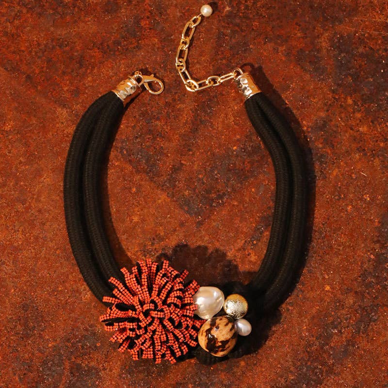Bloom Necklace with Pearl & Crystals Accents in Black