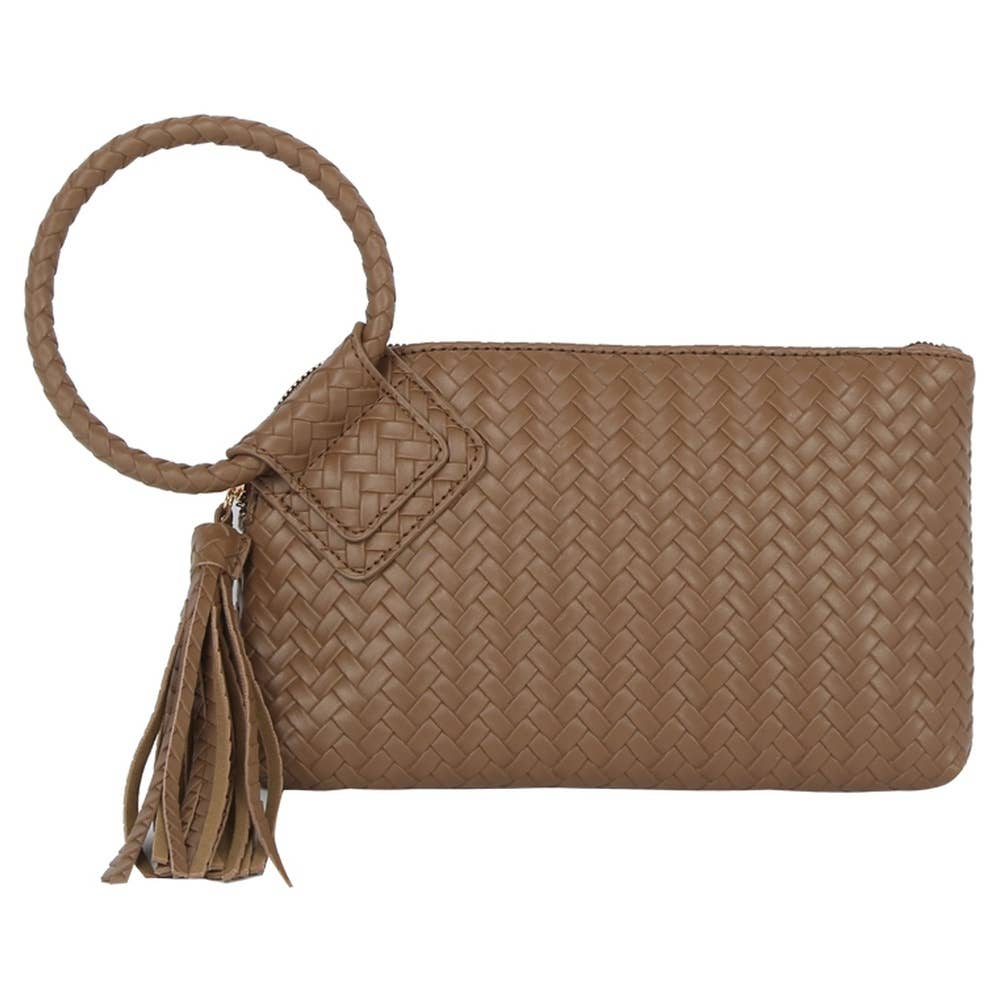 Faux Leather Woven Fringe Cuff Handle Clutch Bag