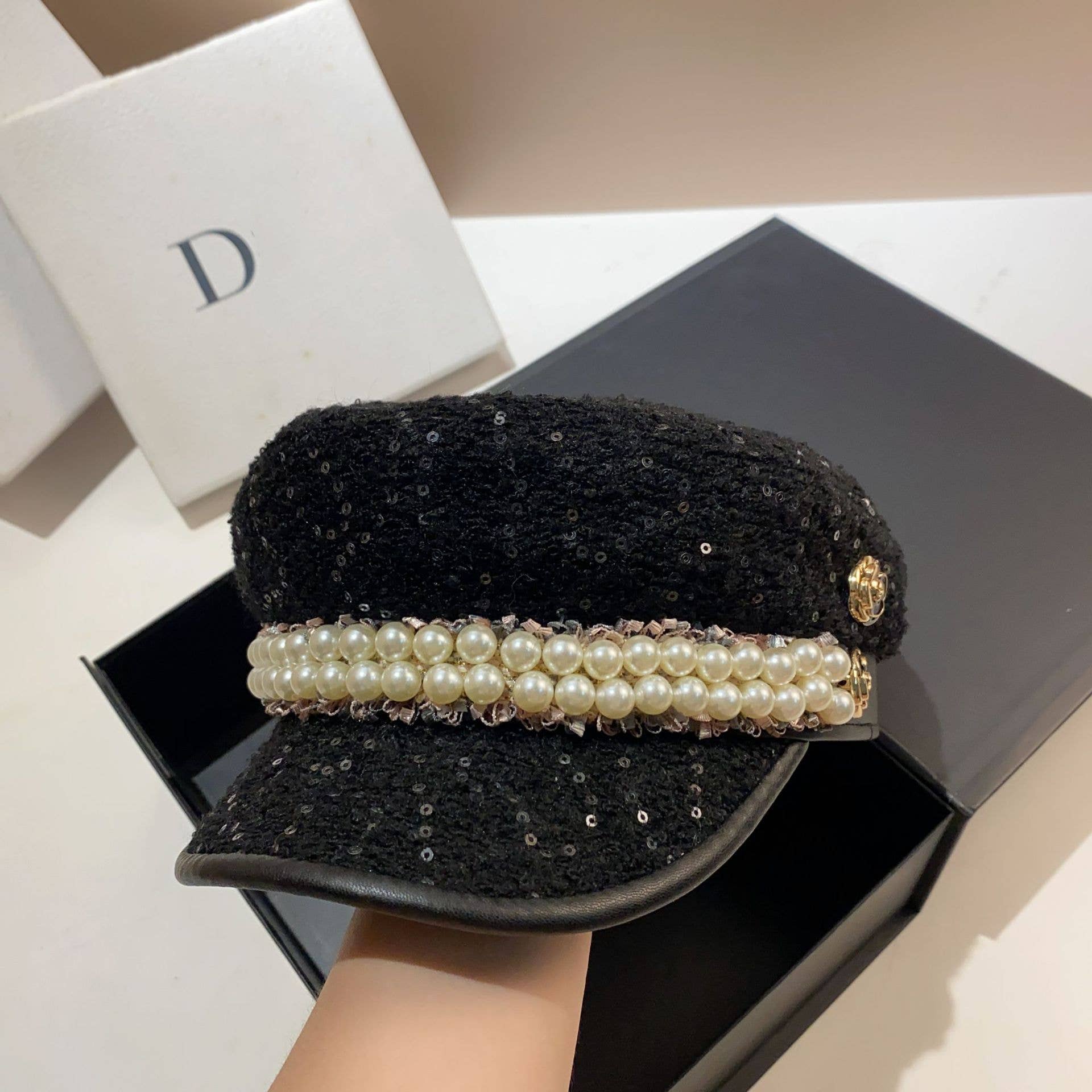 Luxury Pearl Beaded Sequin Hat in Black