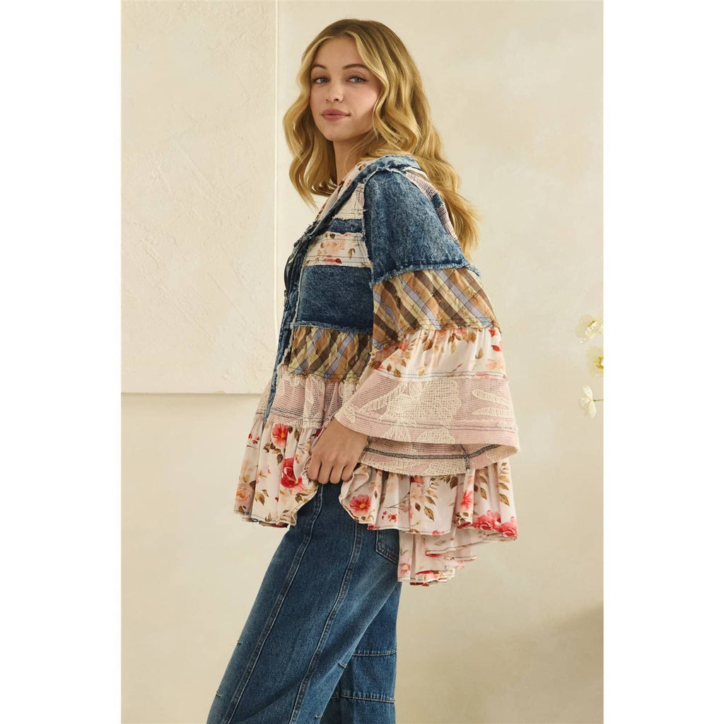 BOHO RUFFLE HOODED LACE DENIM  AND FLORAL PRINT MIX JACKET