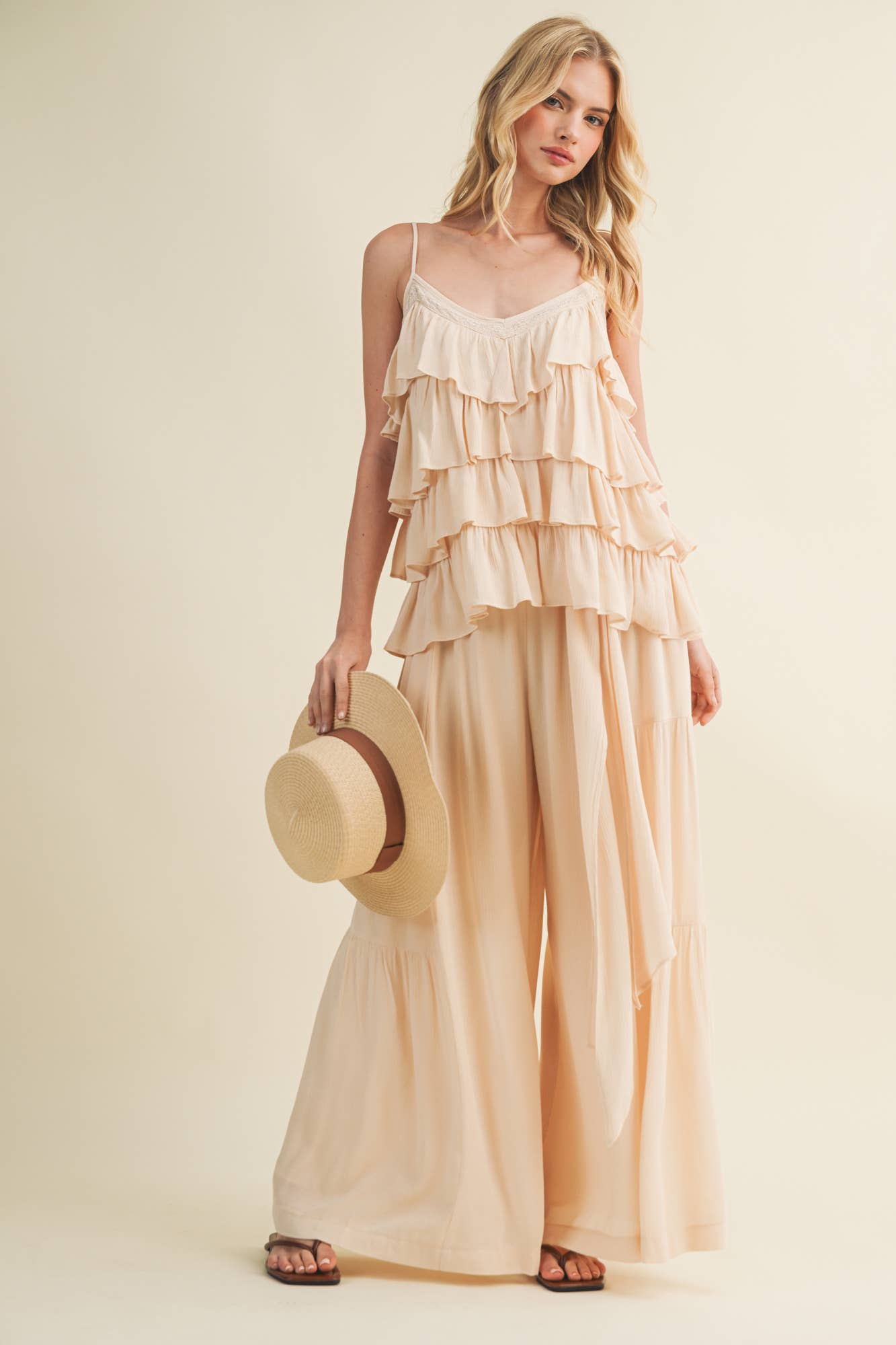 Smocked Tie-Waist Tiered Palazzo Pant