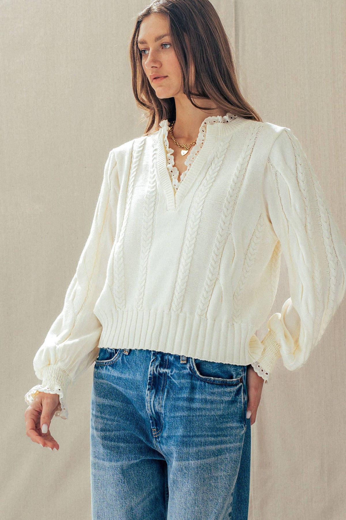 Elsie Lace Trim Cable Knit Sweater