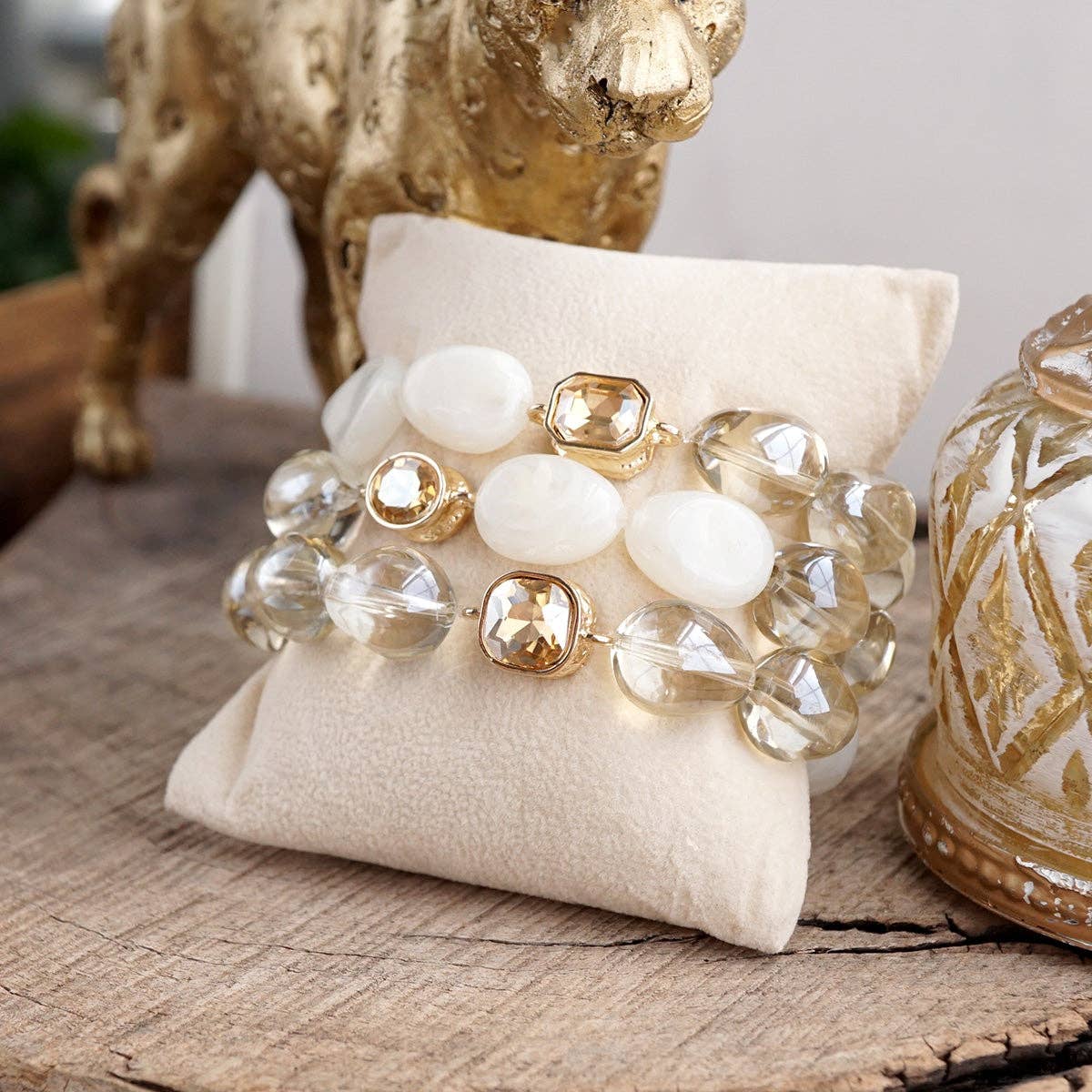Smoky Radiance – Sculpted Bead & Crystal Stretch Bracelet Set