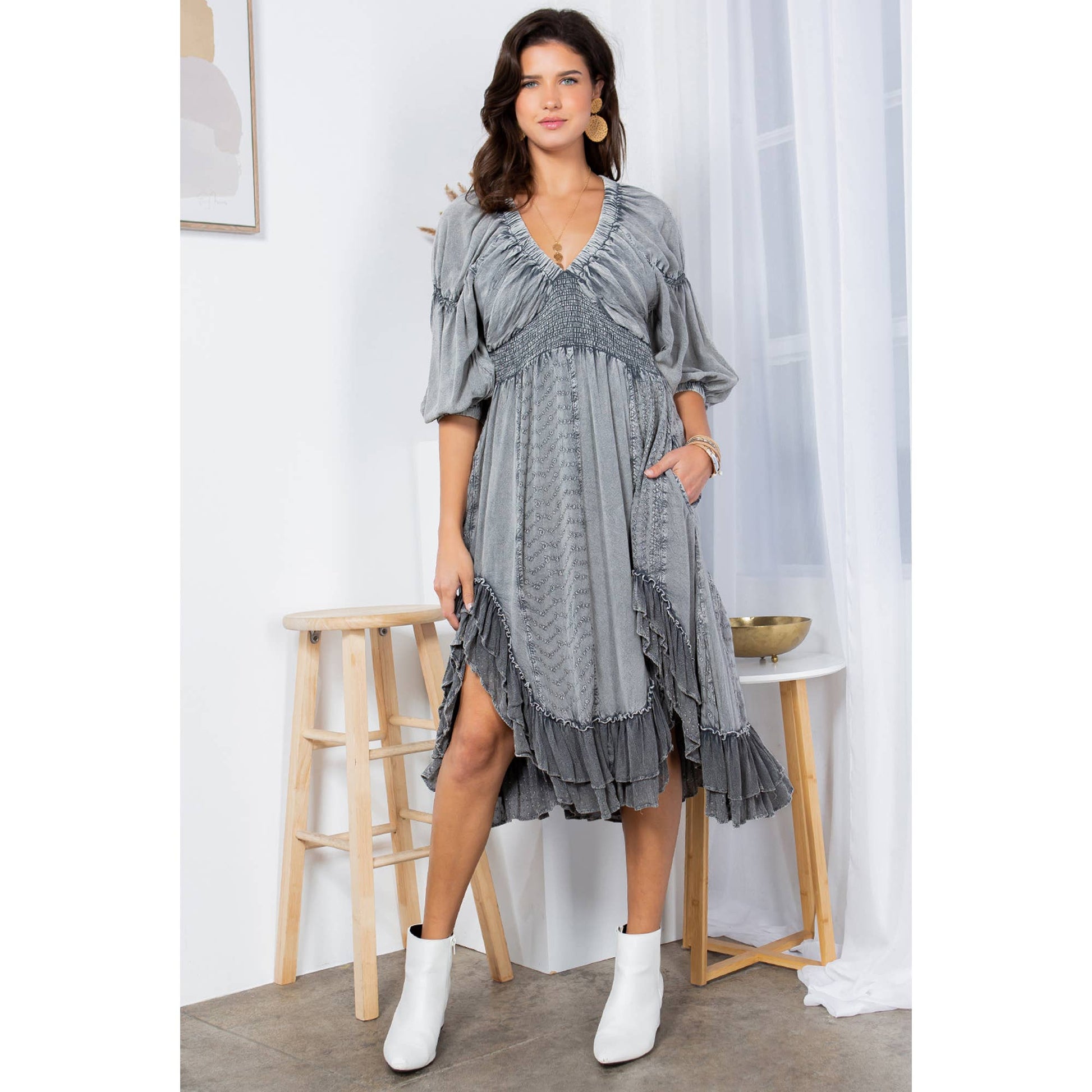 Mid-Length Sheared & Elasticated V-Neck Dress