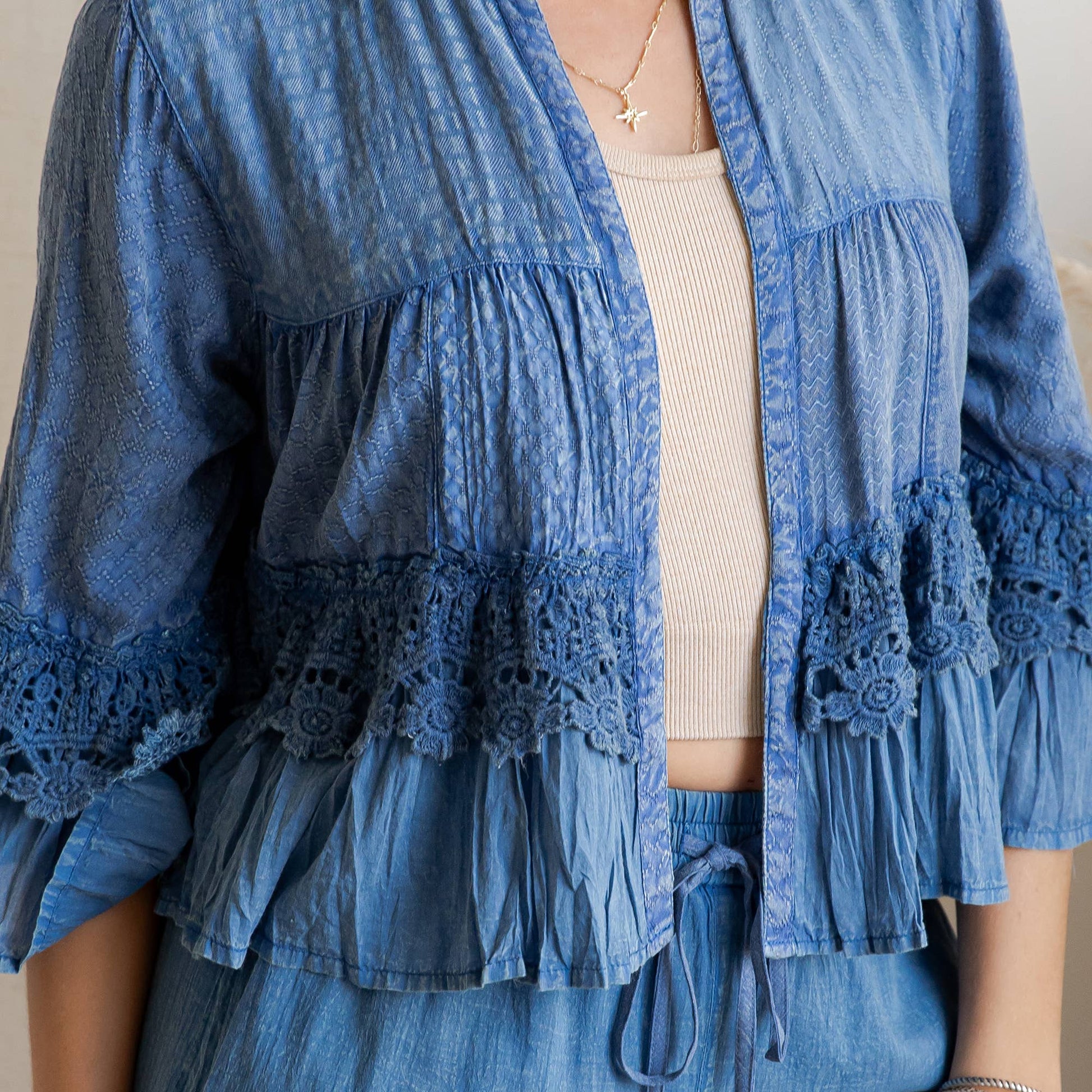 Boho Tiered Crochet Lace Open Front Shrug