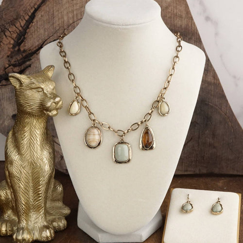 Acrylic Gemstone Charm Necklace Set - Silver Gold – Vintage Pop of Color