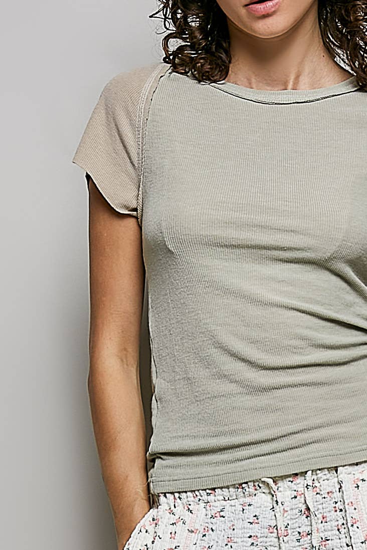 Round Neck Raglan Sleeve Contrast Solid Fitted Rib Top