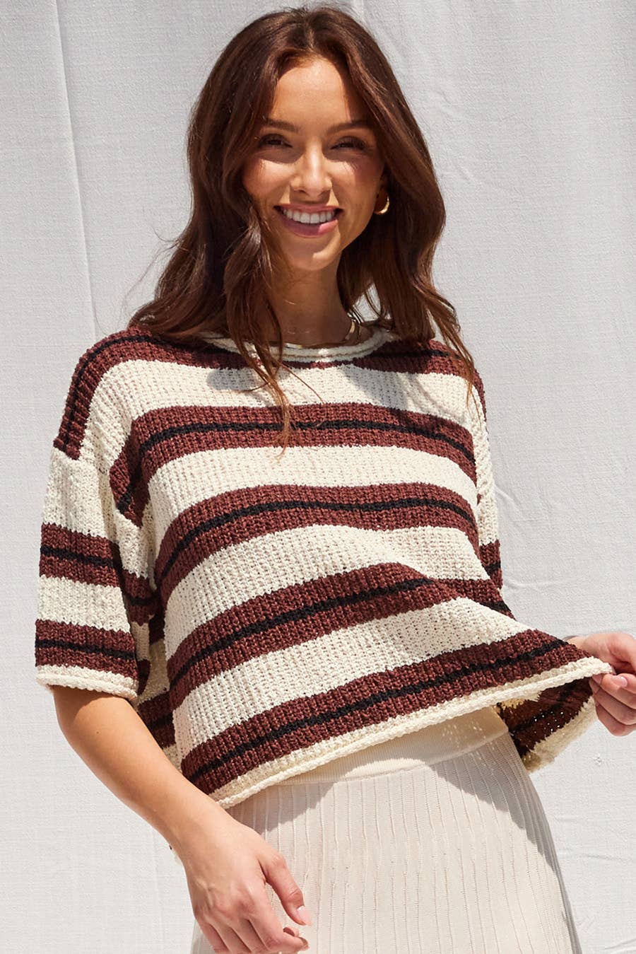 3/4 Sleeve Slouchy Striped Knit Top