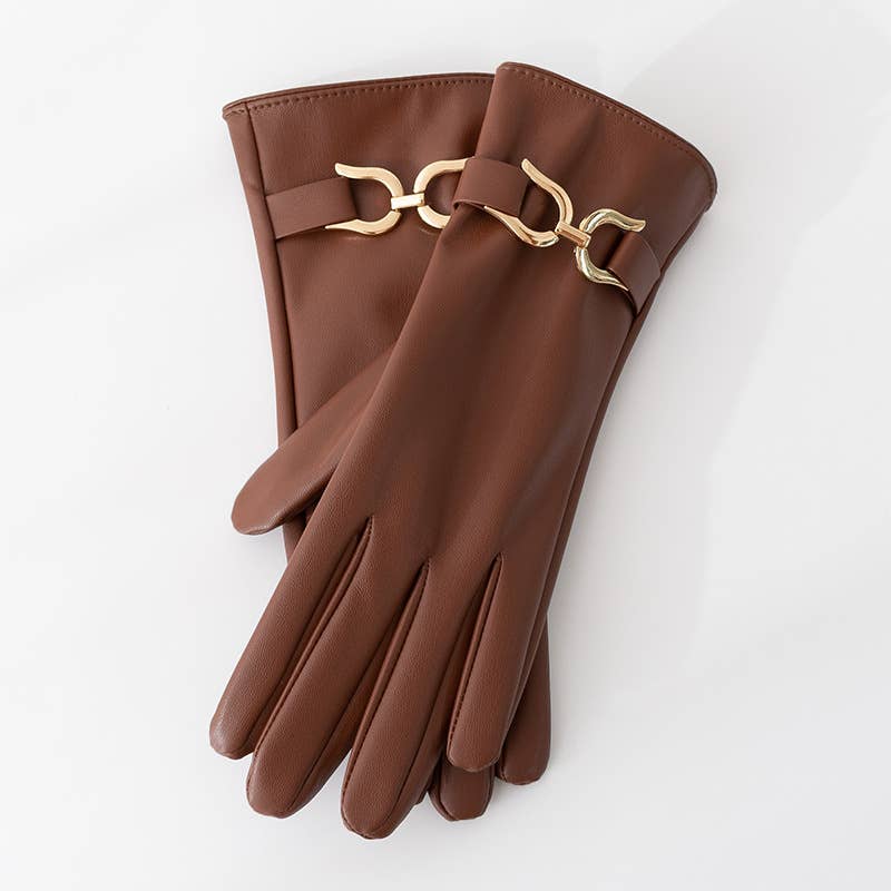 Faux Leather Gloves with Gold Buckle Detail