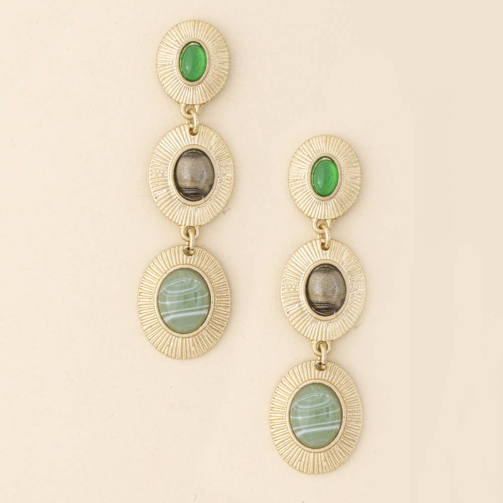 Sunburst Etched Triple Cabochon Drop Earrings