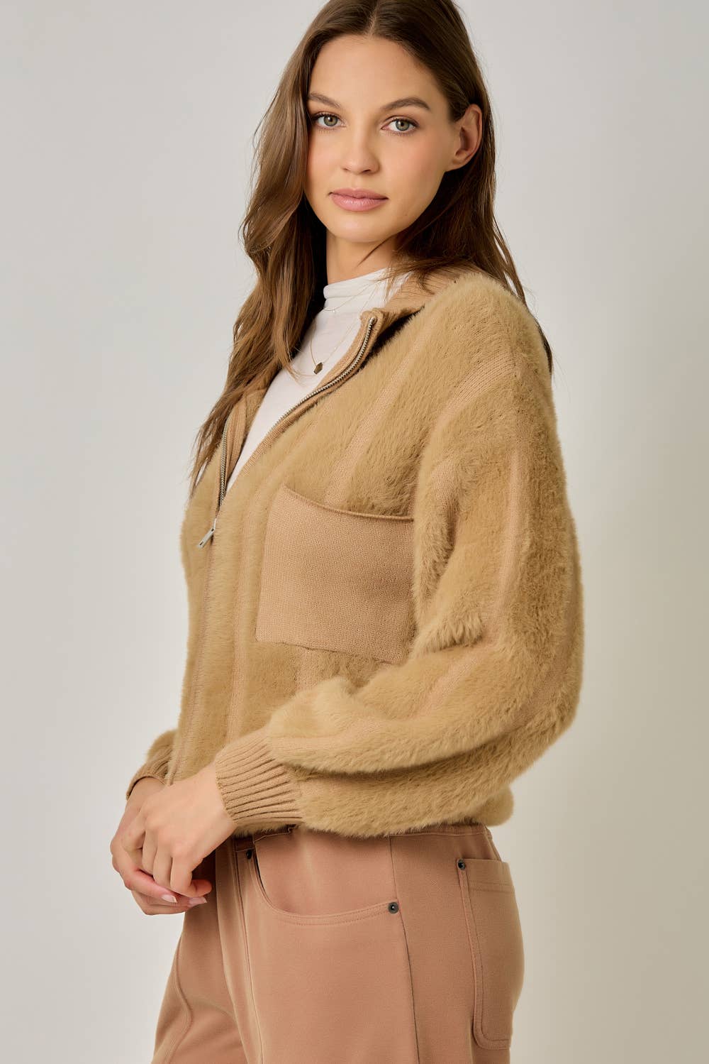 Fuzzy Zip-Up Sweater Jacket