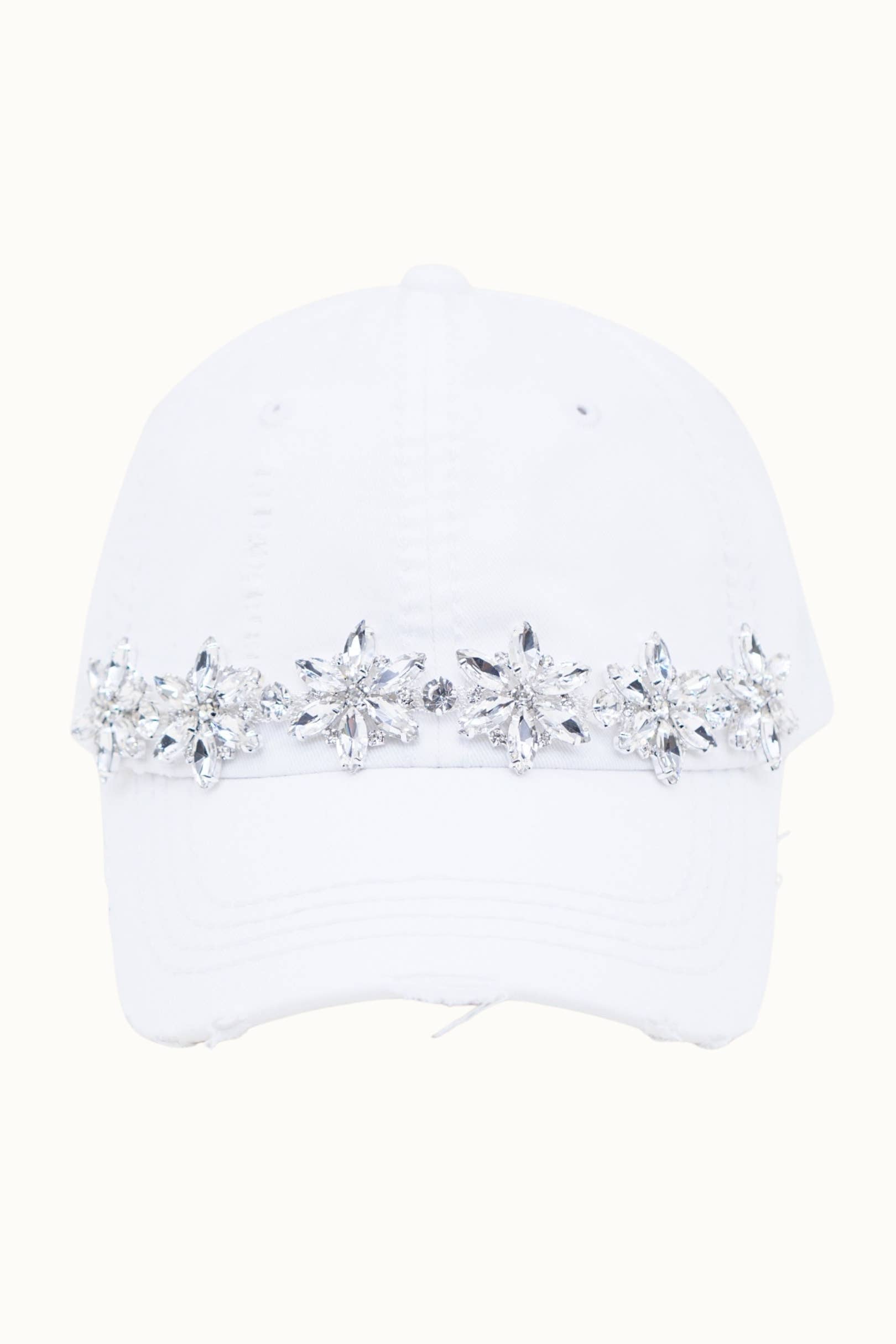 Bejeweled Bling Glitz Distressed Cap, Adjustable