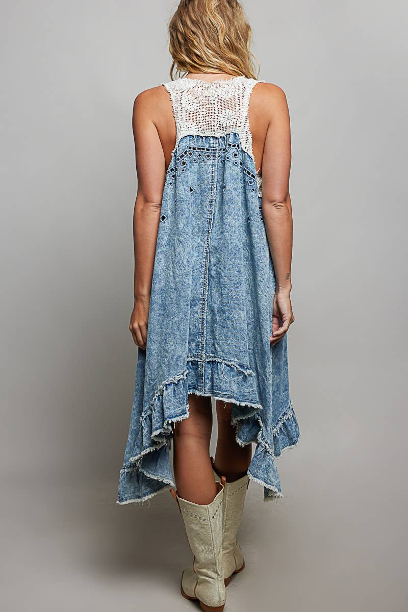 Casual Crochet Patch Sleeveless Denim Dress